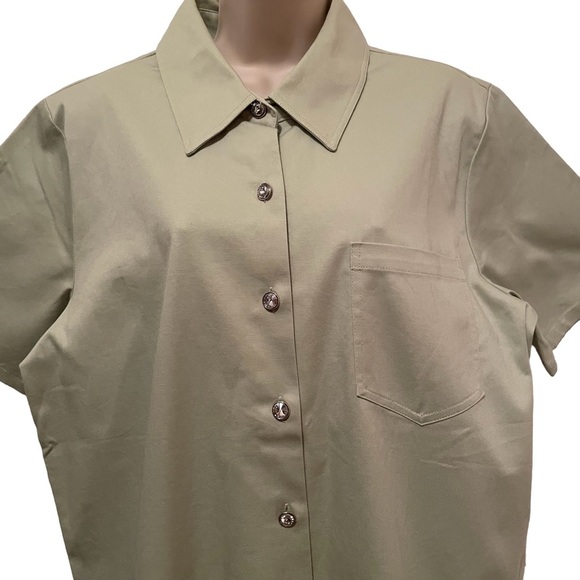 Quacker Factory Short Sleeve Button up Embellished Shirt Rhinestones Large Green - Picture 3 of 8